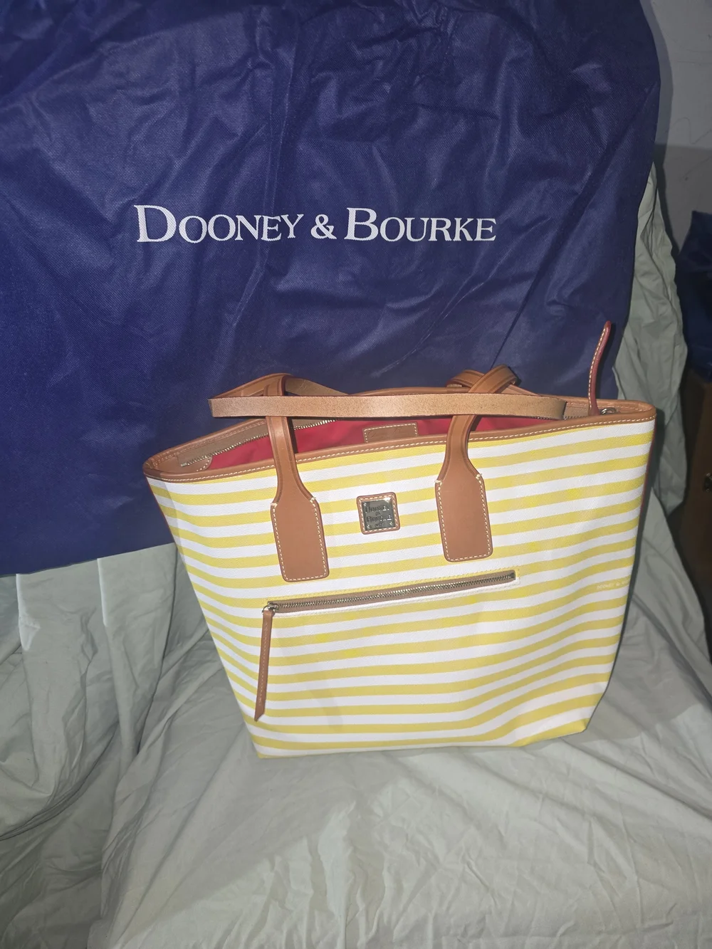 Dooney & Bourke Yellow and White Striped Tote with Tan Trim